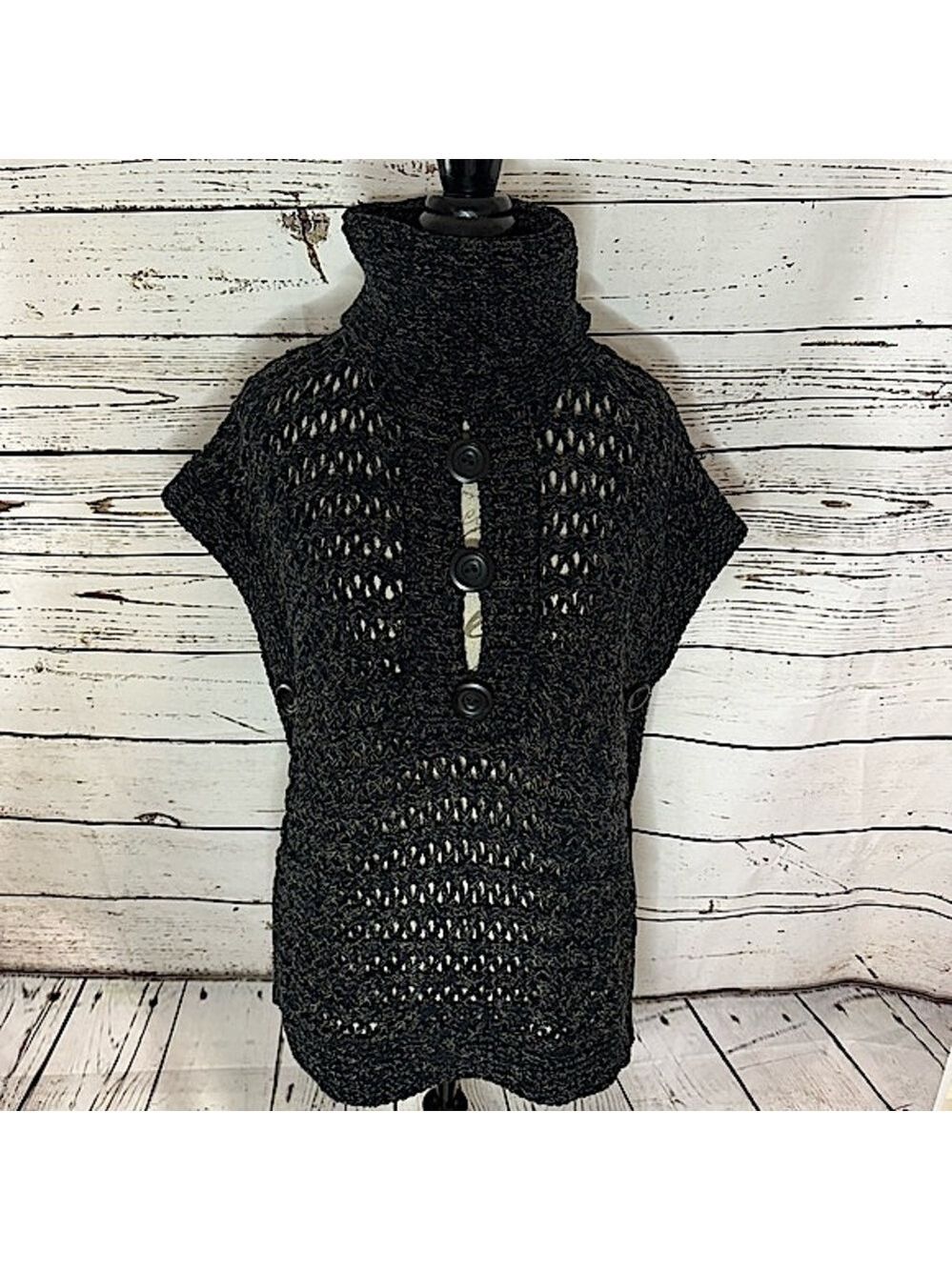 Bask Crochet Cowl Neck Sweater Cape Size Small Black